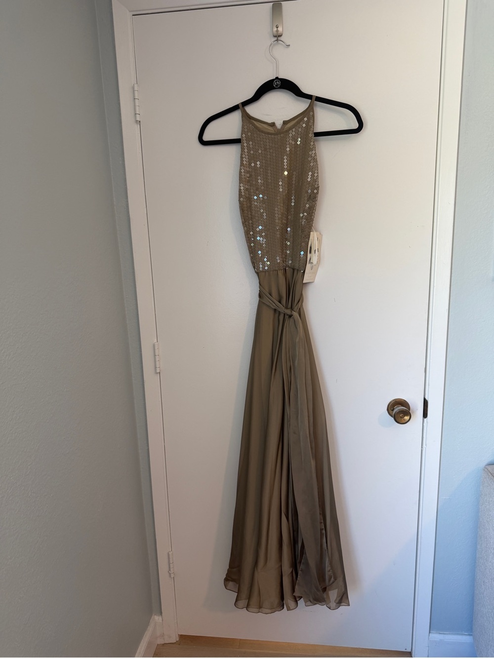 Women’s Sequin Halter Evening Dress in Taupe